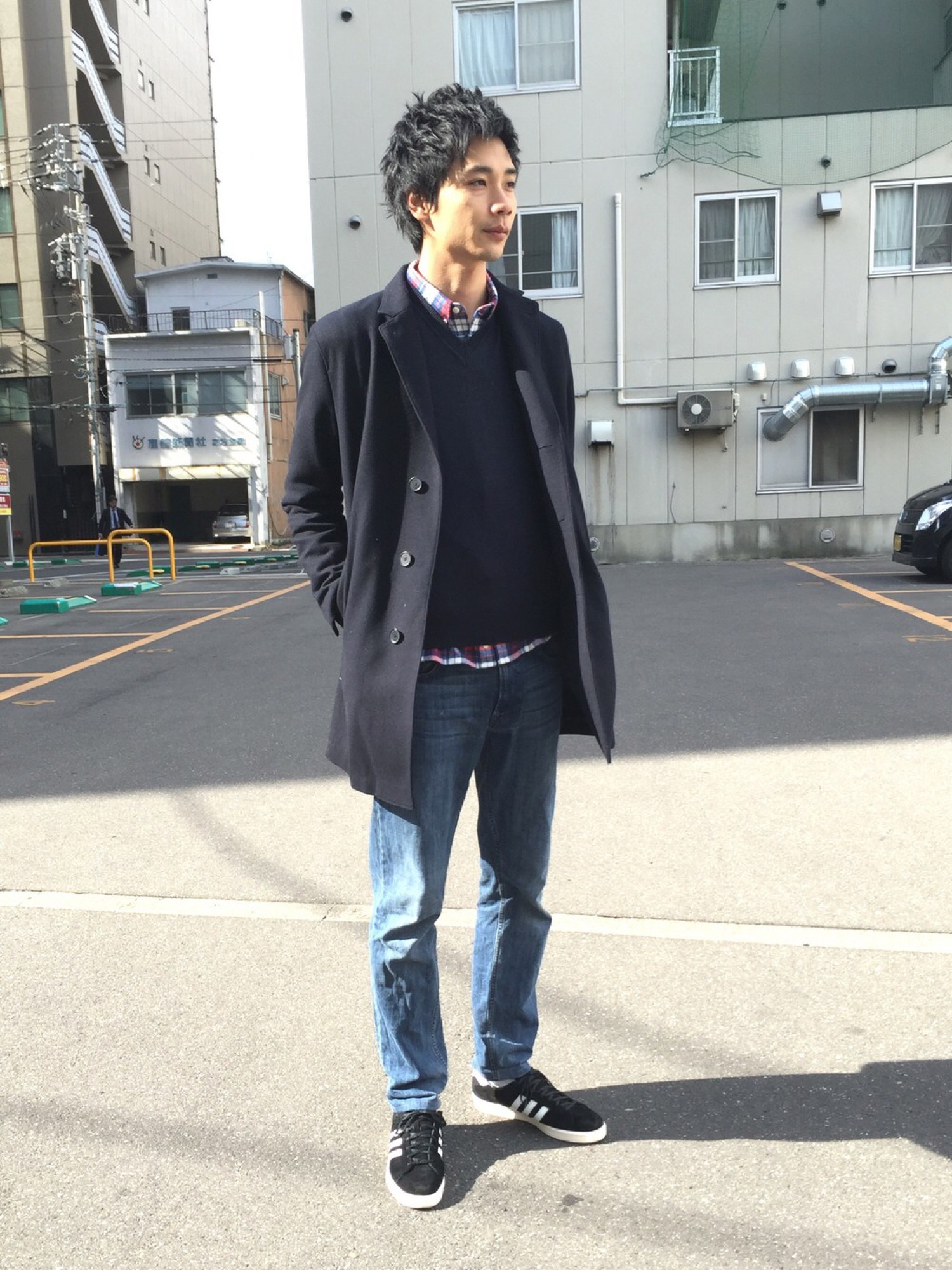 【LACOSTE】ネイビー チェスターコート 極美品！ LACOSTE チェスターコート ネイビー FR50 Lサイズ